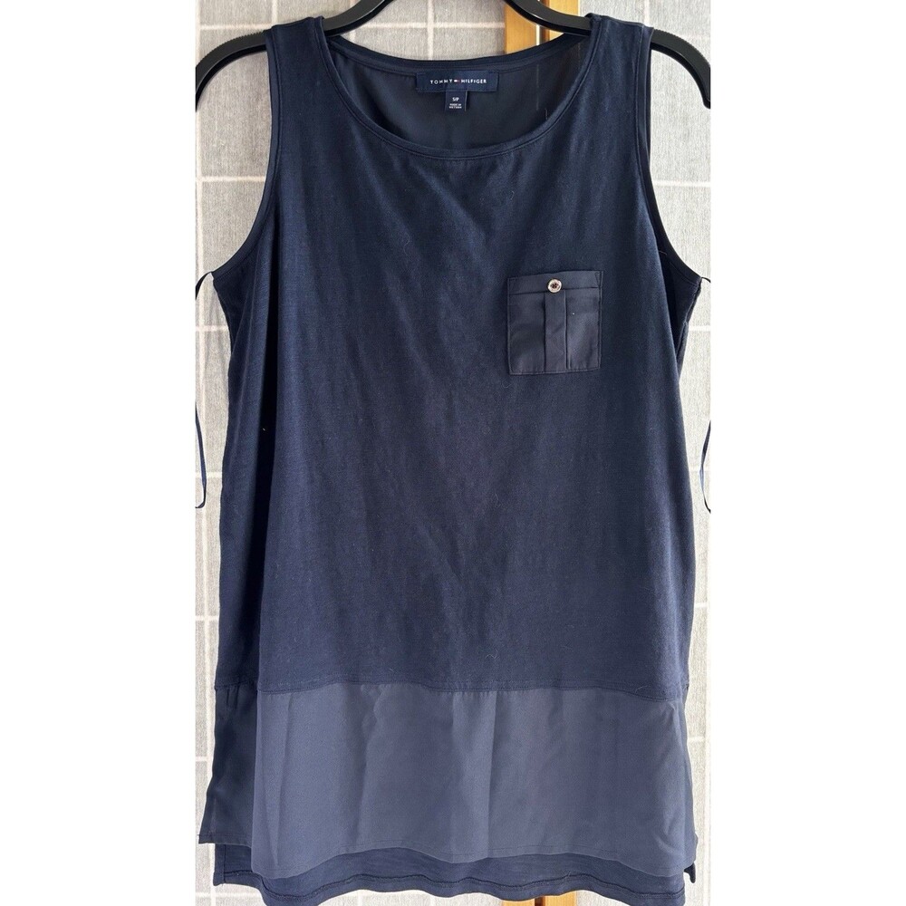 Tommy Hilfiger Sleeveless Navy Blue Tank Top Shirt Pocket Hem Panel Size Small